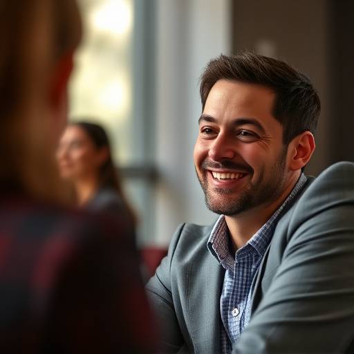 Entrevistador sorrindo durante uma entrevista.